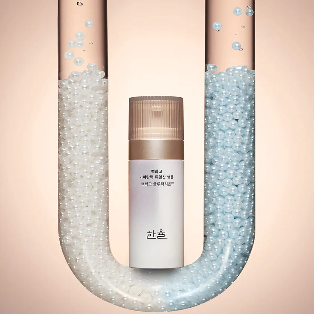 HANYUL Baekhwago Gimitanryuk Dual Shot Ampoule 45ml product display with pearl-like capsules in the background