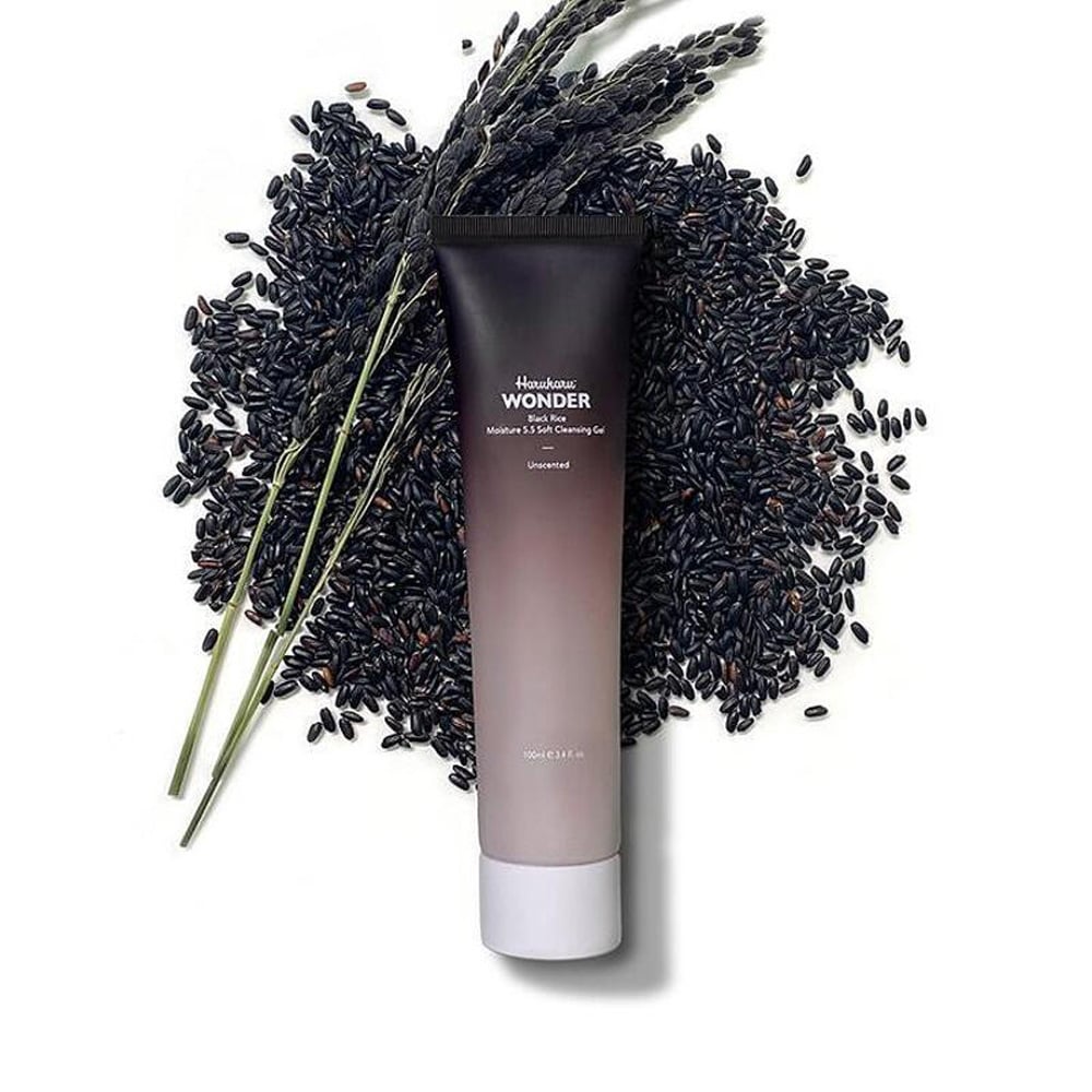 HARU HARU Black Rice Moisture Mildly Acidic Soft Cleansing Gel 100ml tube with black rice background