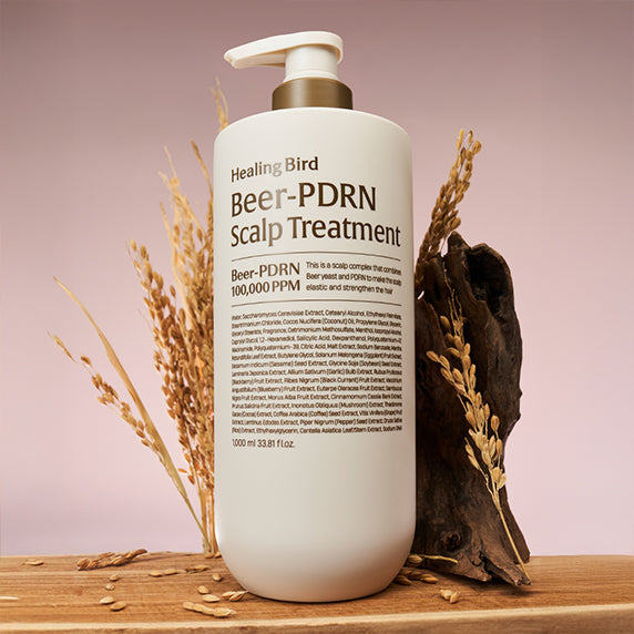 HEALING BIRD Beer PDRN Scalp Treatment 1000ml bottle on a natural backdrop showcasing product design.