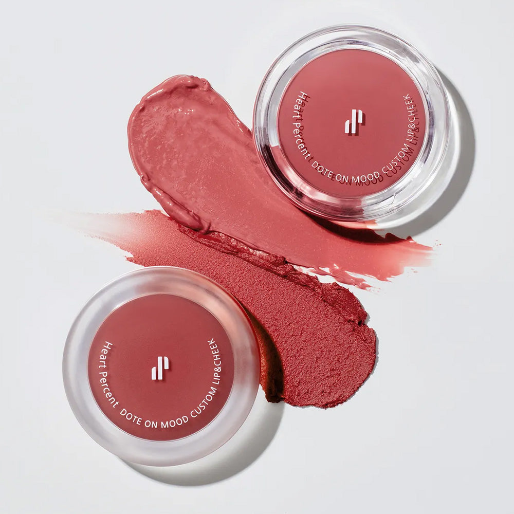 HEART PERCENT Dot On Mood Custom Lip & Cheek product display with two open containers and swatches of lip and cheek color.