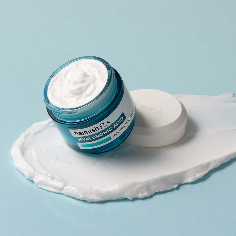 HEIMISH RX Hyaluronic Acid Rich Whipped Cream 50ml in a blue jar with cream texture on light background
