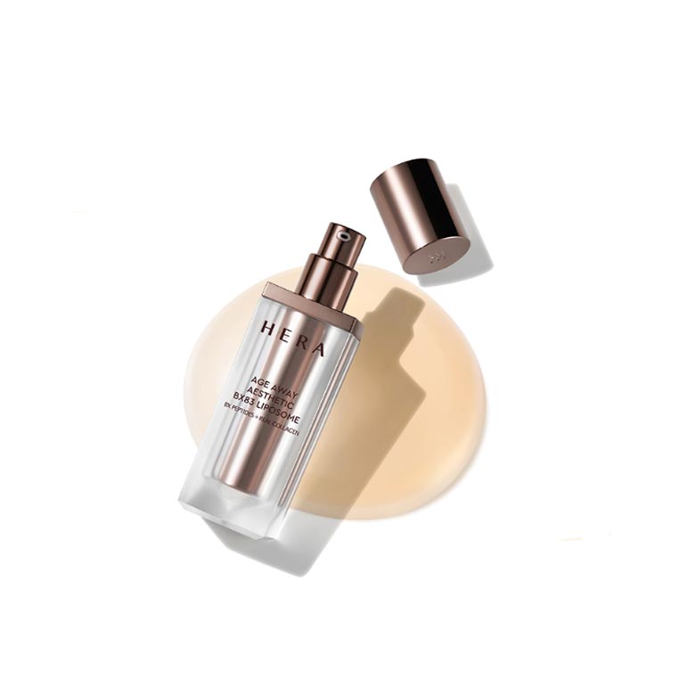 HERA Age Away Aesthetic BX83 Liposome 40ml bottle with open cap on beige background.