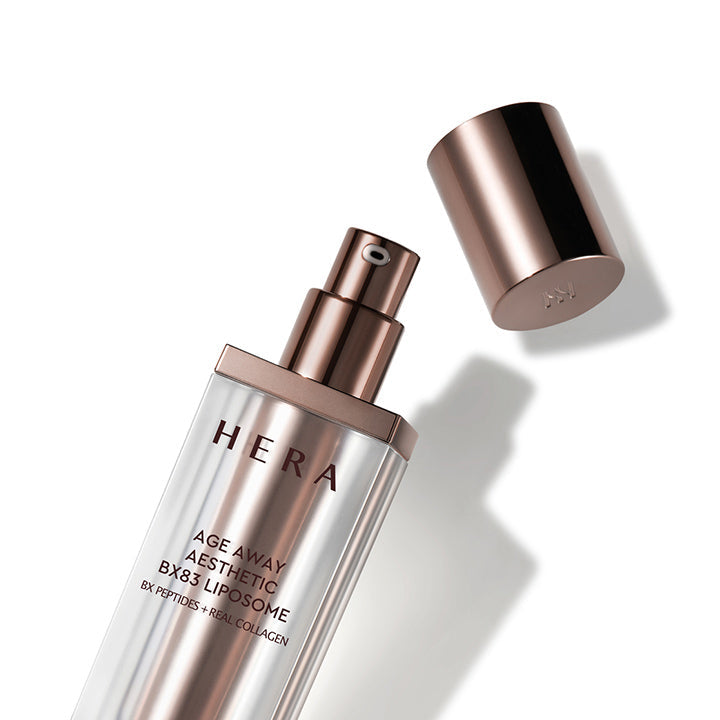 HERA Age Away Aesthetic BX83 Liposome 40ml bottle with open cap showcasing advanced skincare formula.