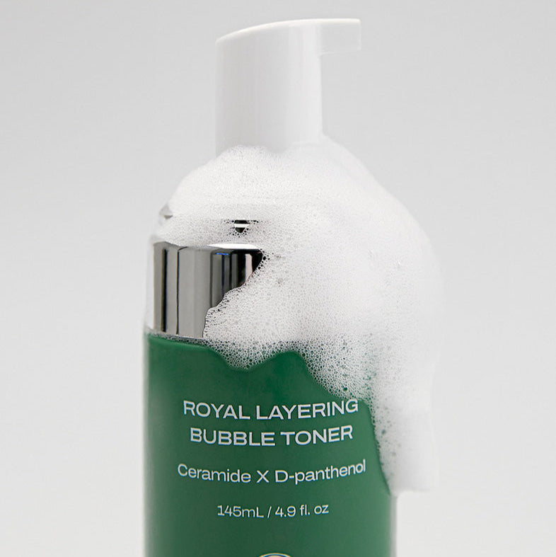 HIDIFF Royal Layering Bubble Toner bottle with foam, showcasing the ceramide and D-panthenol formula for skincare.