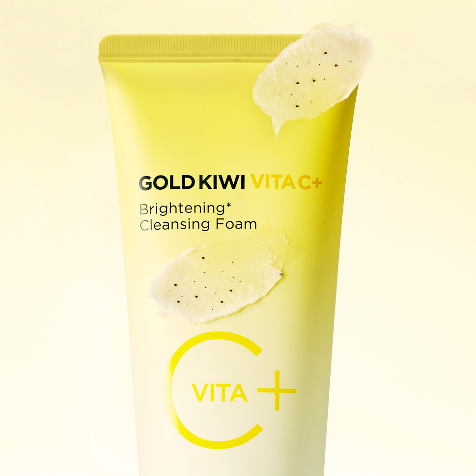 HOLIKA HOLIKA Gold Kiwi Vita C+ Brightening Cleansing Foam 150ml tube with kiwi extract graphics on a light background