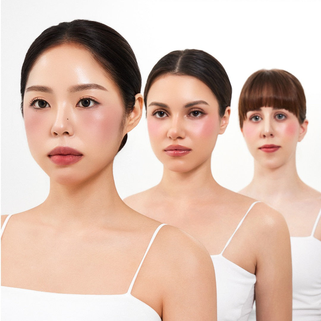 Three women wearing HOUSE OF HUR Every Cheek Blush showcasing natural rosy makeup.