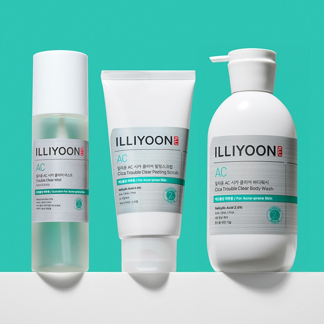 ILLIYOON Cica Acne Clear Body Wash 400ml next to skincare products on a turquoise background