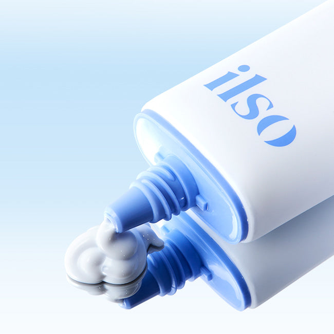 ILSO Bilberry Cool Calming Moisture Sunscreen tube with cream on blue background.