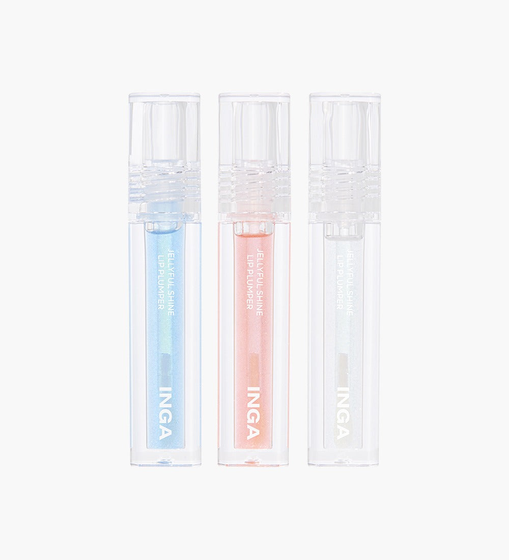 Three tubes of INGA Jellyful Shine Lip Plumper in assorted colors displayed vertically on a white background.