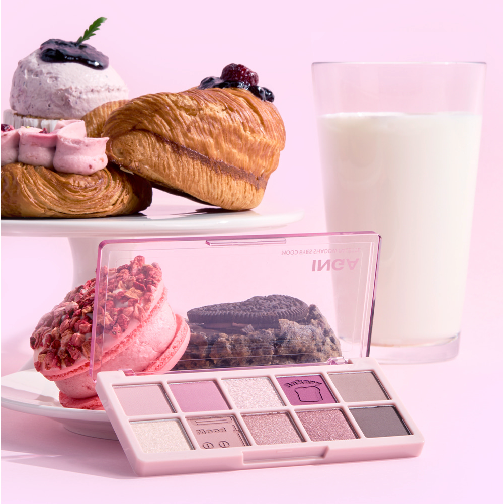INGA Mood Eyes Shadow Palette with pastries and milk in background