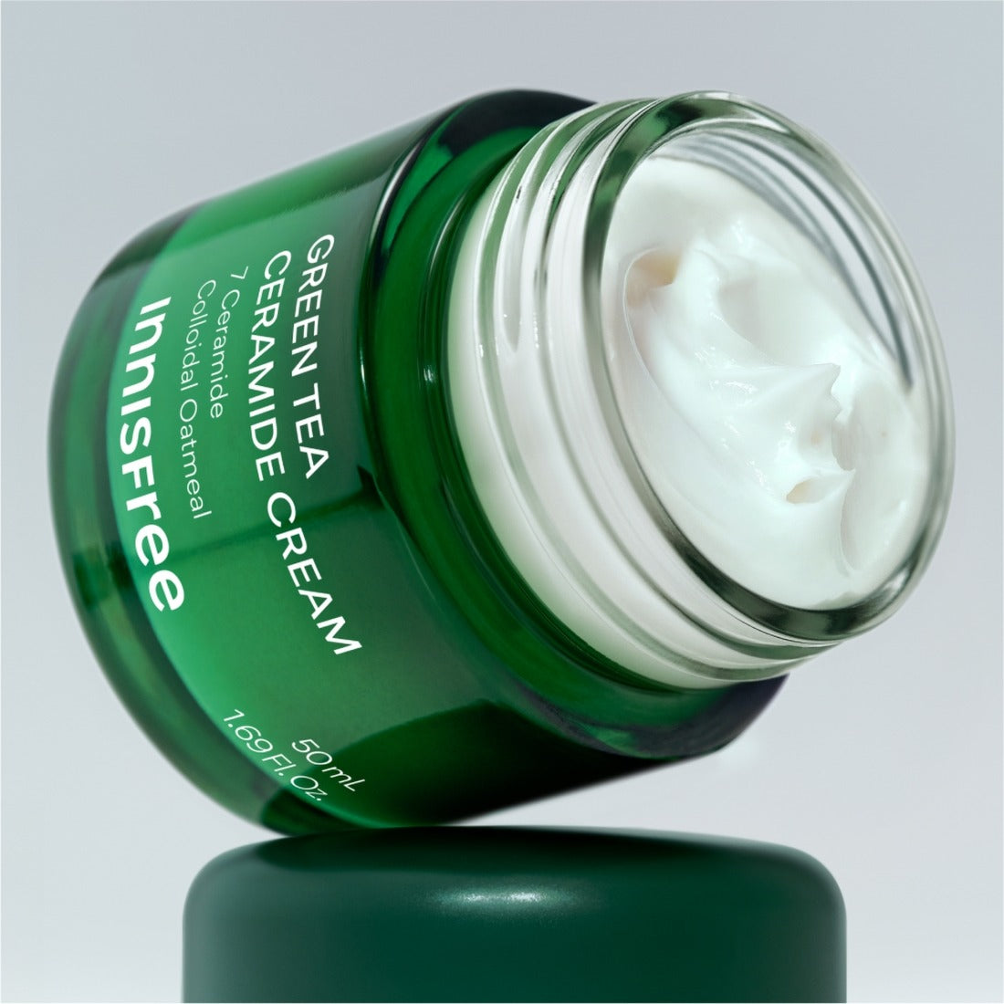 INNISFREE Green Tea Ceramide Cream 50ml jar open showing cream texture