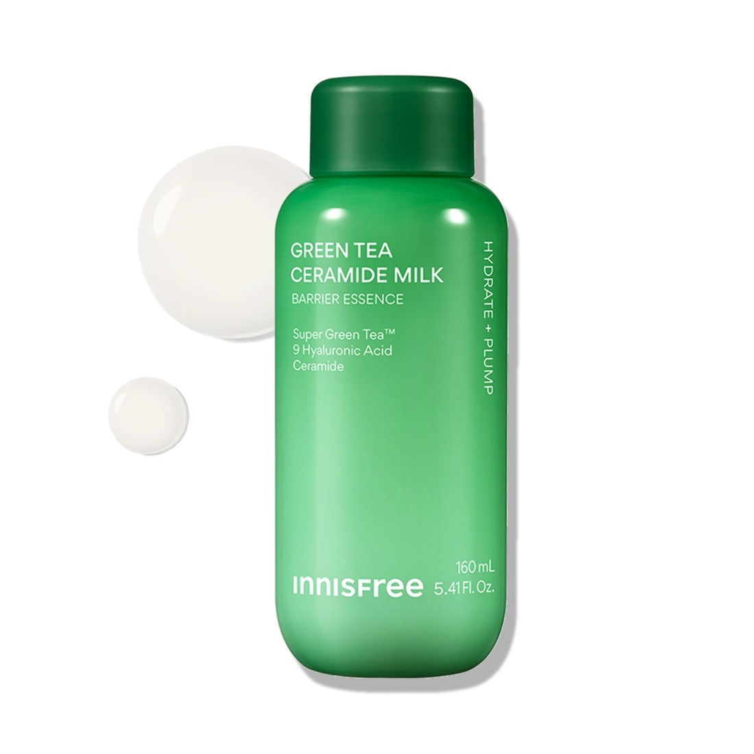 INNISFREE Green Tea Ceramide Milk Essence 160ml bottle with essence texture background.