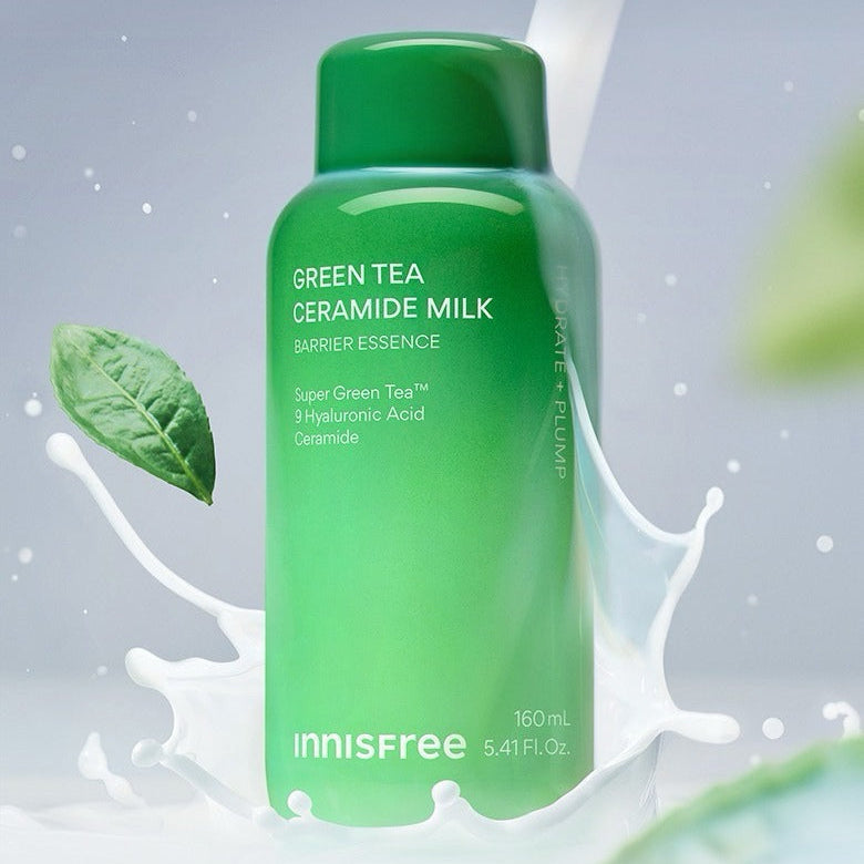 INNISFREE Green Tea Ceramide Milk Essence 160ml bottle with splashing milk and green leaf design