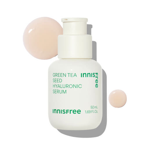 INNISFREE Green Tea Seed Hyaluronic Serum bottle with product swatches