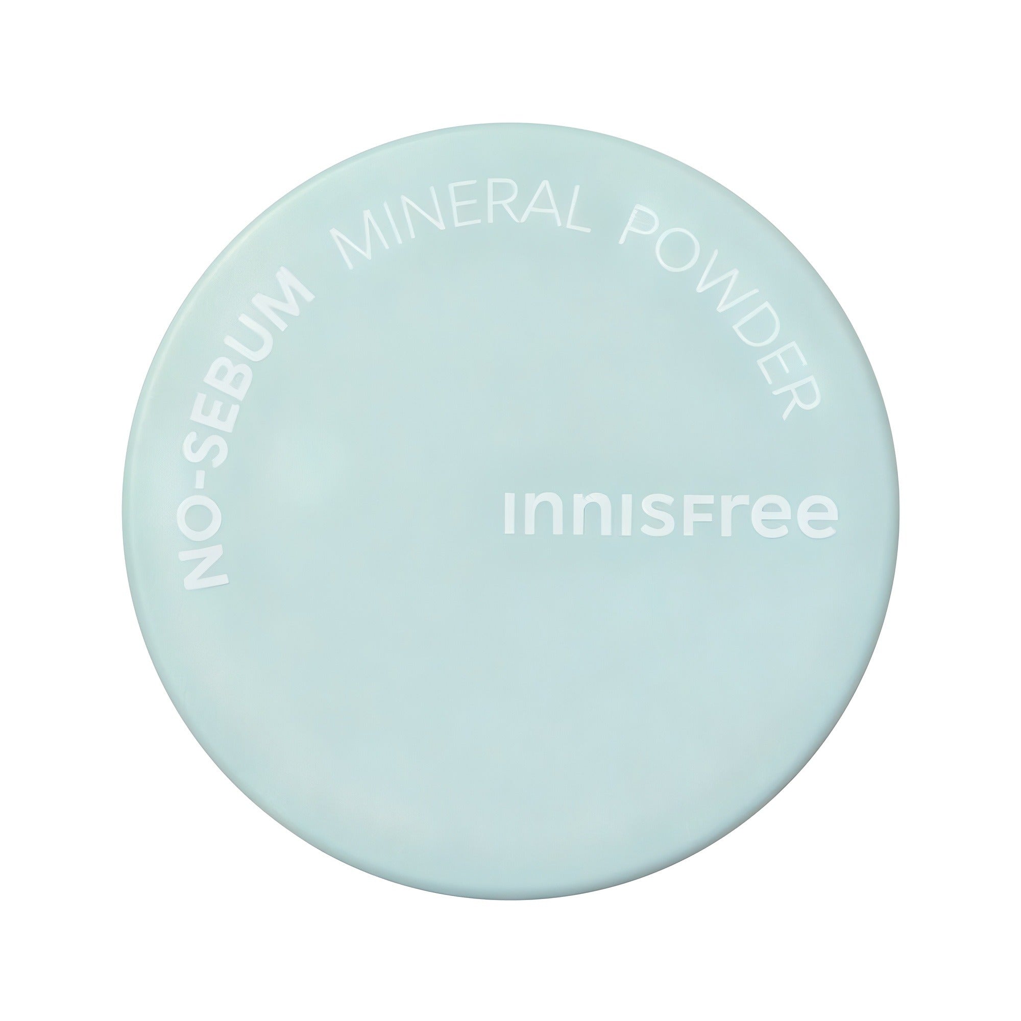 INNISFREE No Sebum Mineral Powder in mint compact packaging with white text on the lid.