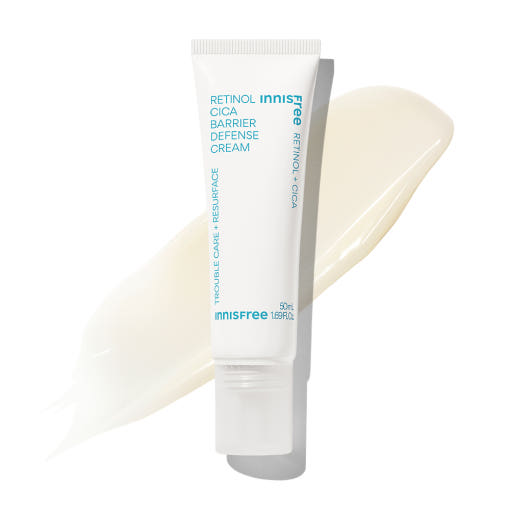 INNISFREE Retinol Cica Barrier Defense Cream tube with cream swatch