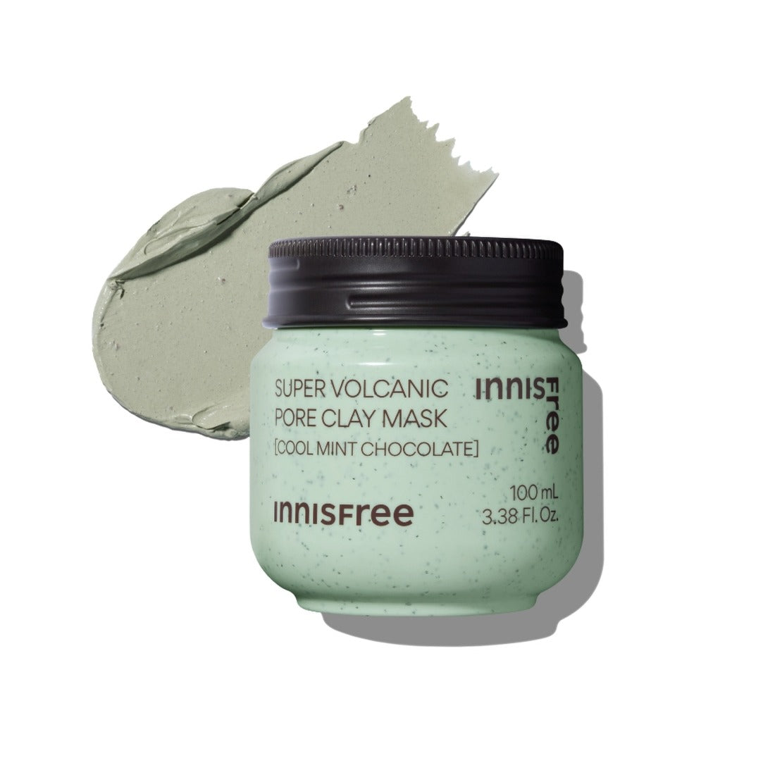 INNISFREE Super Volcanic Pore Clay Mask #Cool Mint Chocolate 100ml jar with green clay swipe background