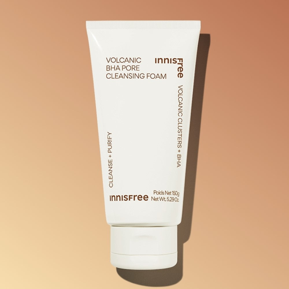 INNISFREE Volcanic BHA Pore Cleansing Foam in 150g tube on a peach background