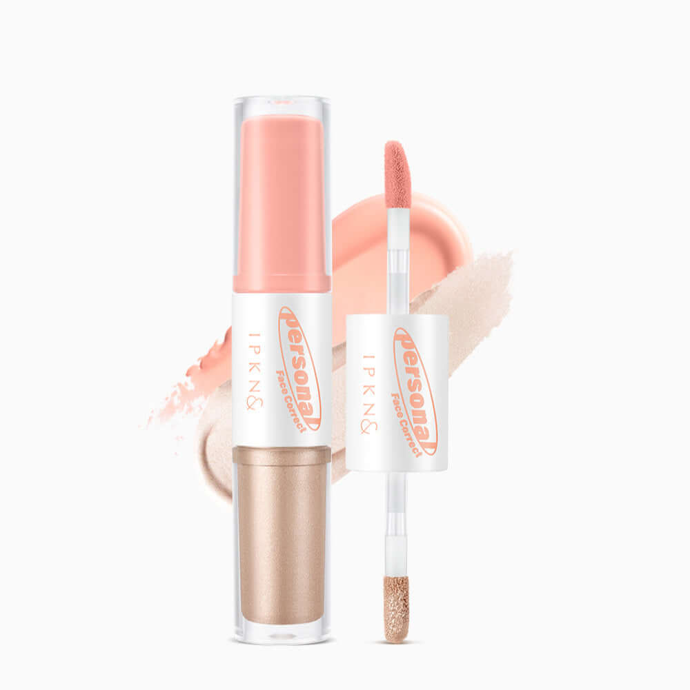 IPKN Personal Tone Cheek Lighter Duo (Warm Lighter) with applicator and swatch background.