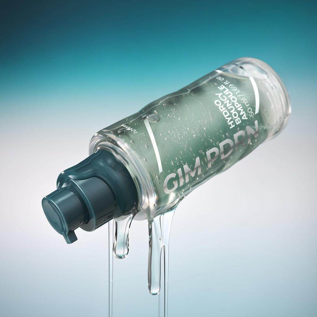 ISNTREE Gim PDRN Hydro Bouncy Ampoule 50ml bottle with blue cap and liquid spilling, set against a gradient background.