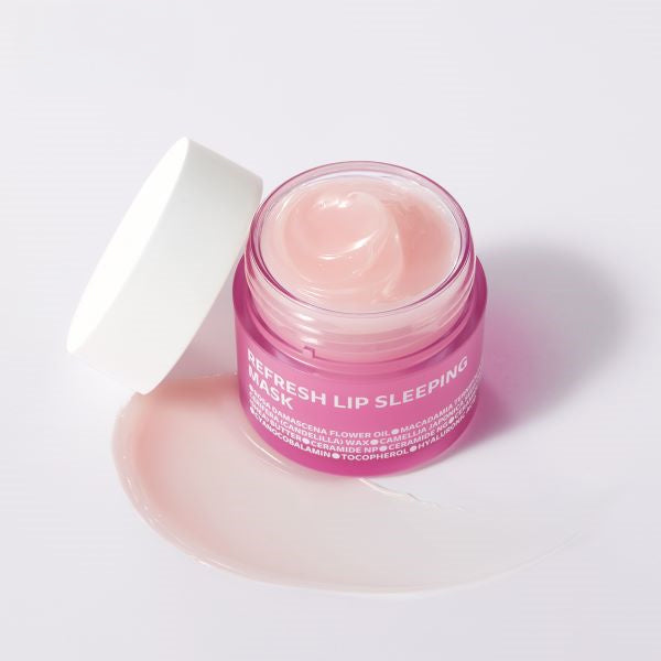 ISOI Refresh Lip Sleeping Mask 25g, open jar with pink balm and white cap on side, shown with product texture spread on surface.