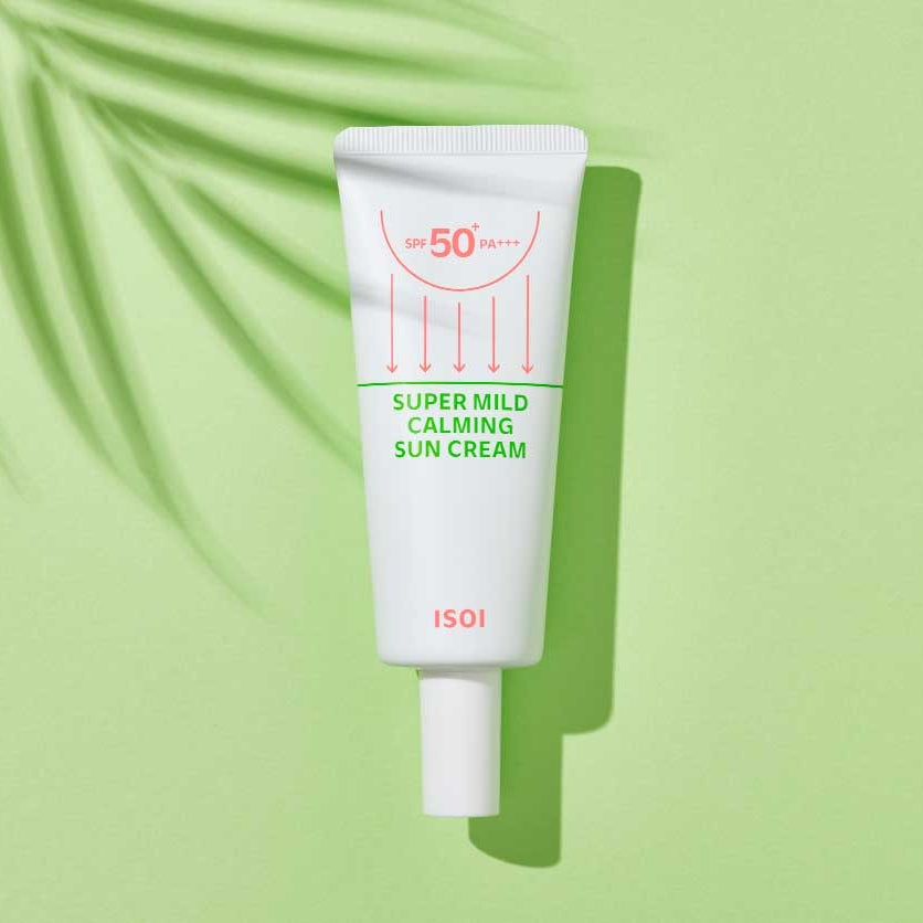 ISOI Super Mild Calming Sun Cream SPF50+PA++++ 55ml against a green background