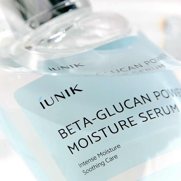 IUNIK Beta Glucan Power Moisture Serum 50ml bottle close-up showing label details.