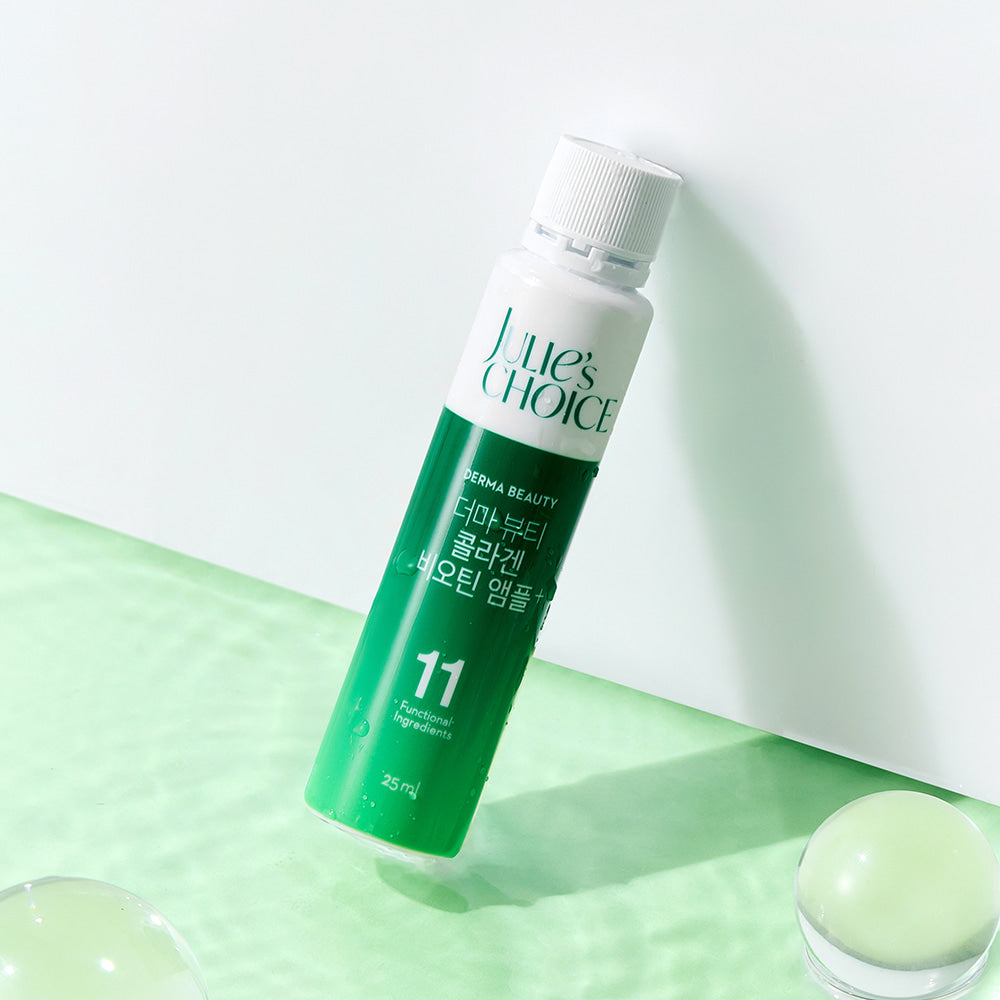 JULIE'S CHOICE Derma Beauty Collagen Biotin Ampoule 25ml bottle on a green background