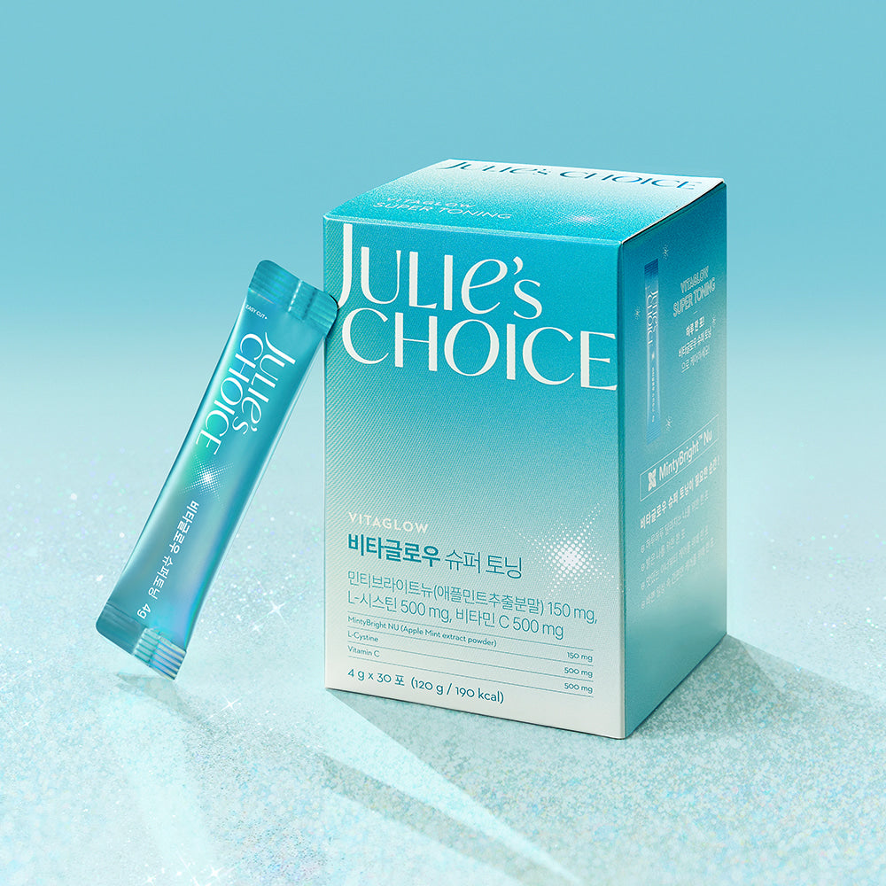 JULIE'S CHOICE Vita Glow Super Toning product packaging on a teal background