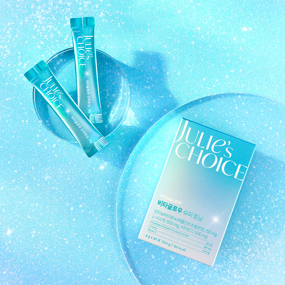 JULIE'S CHOICE Vita Glow Super Toning product packaging against a sparkling blue background.