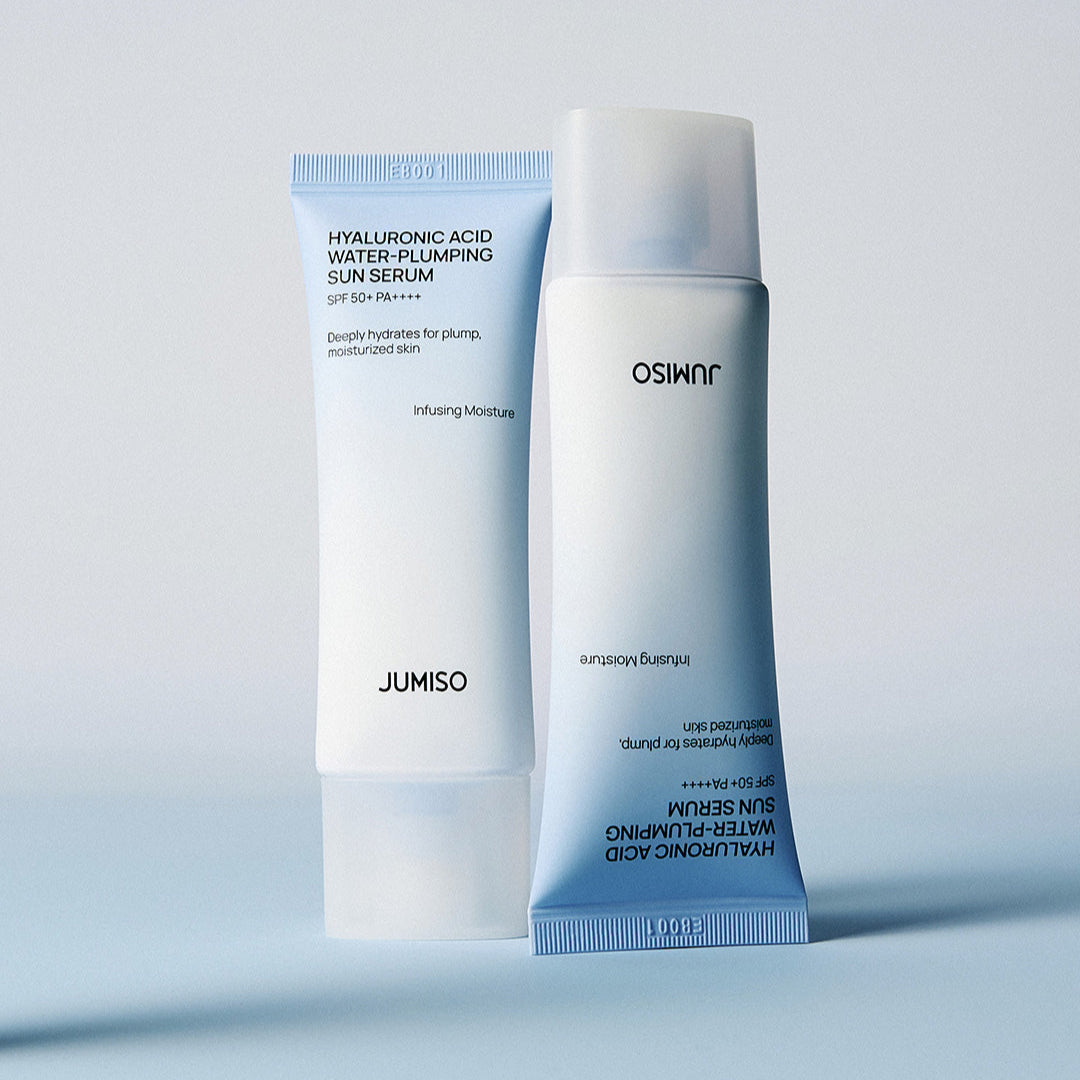 JUMISO Hyaluronic Acid Water Plumping Moisture Sun Serum 40ml in blue and white packaging displayed on a sleek background.