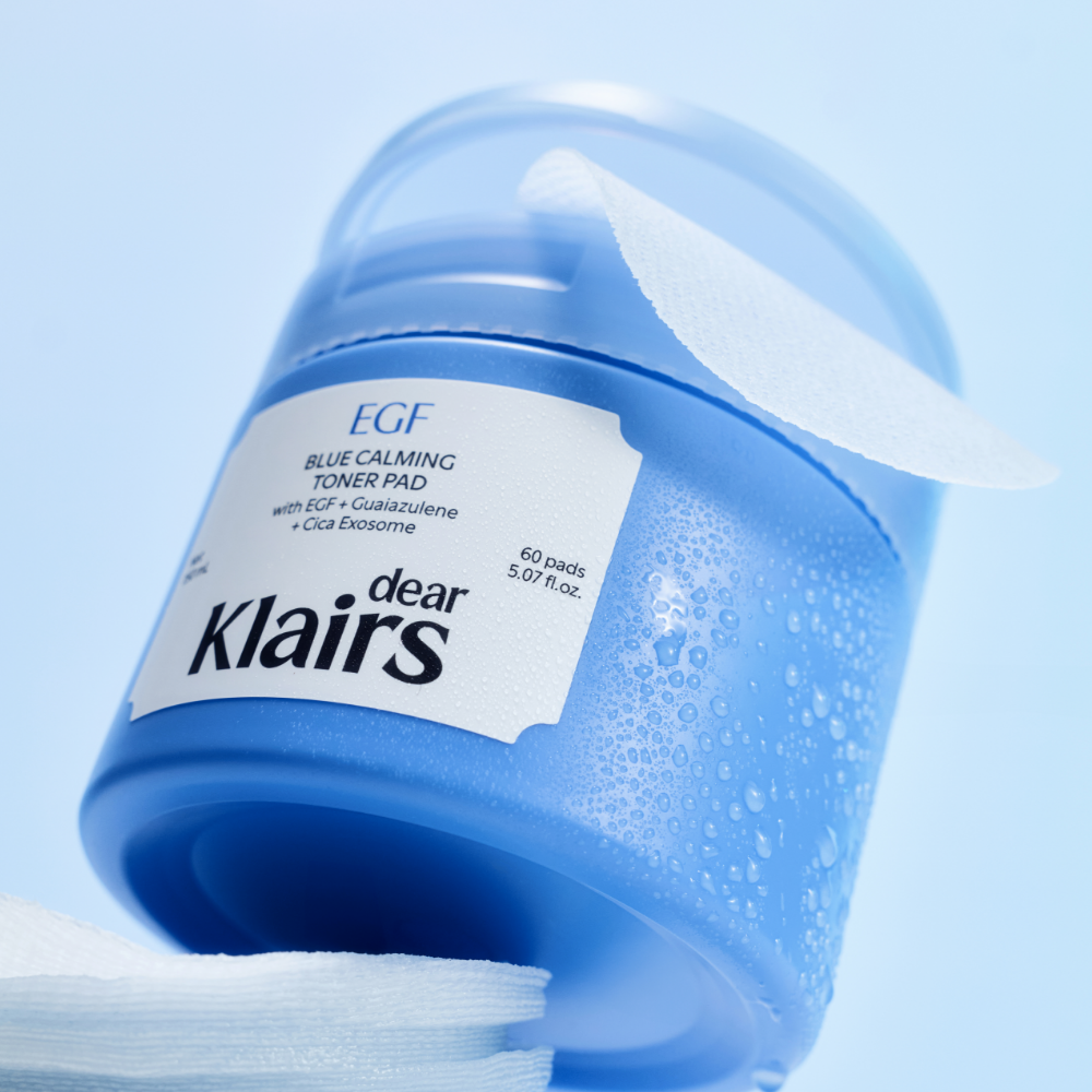 KLAIRS EGF Blue Calming Toner Pads 60 Pads container with open lid showcasing soothing skincare pads