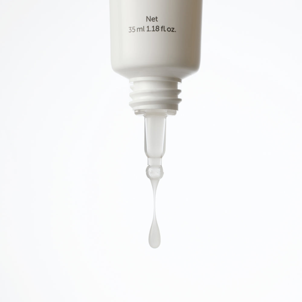 KLAIRS Fundamental Eye Awakening Gel 35ml showing gel texture from tube for hydration and brightening skincare routines.