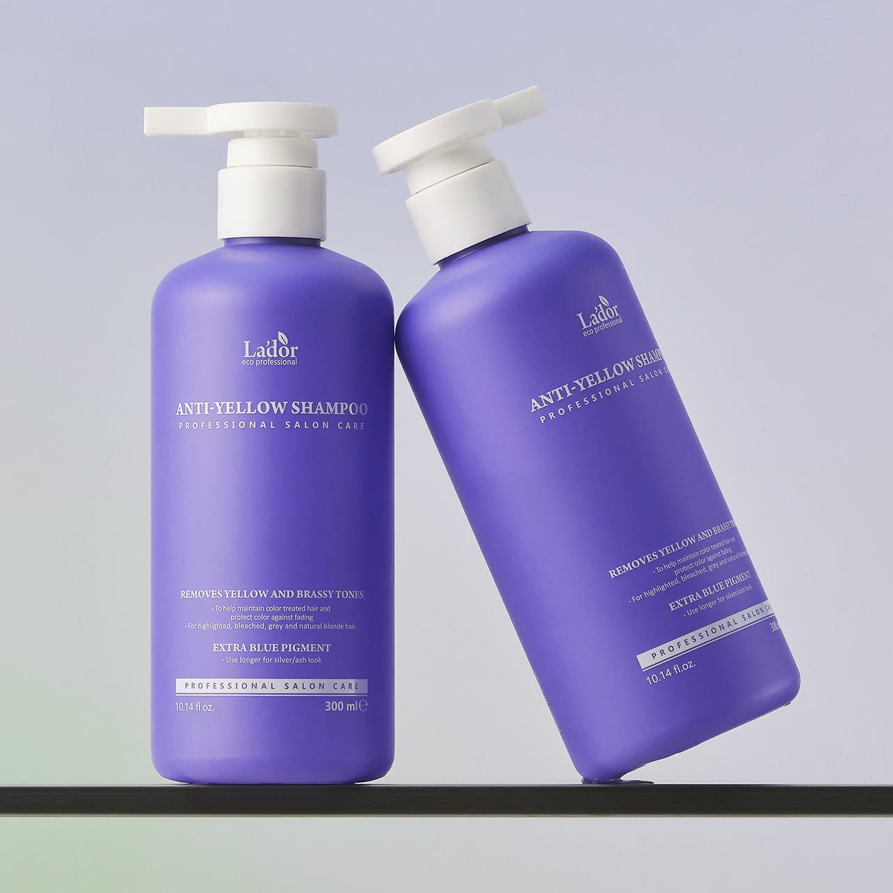 LADOR Anti-Yellow Complement Tary Shampoo 300ml bottles in purple packaging for color correction