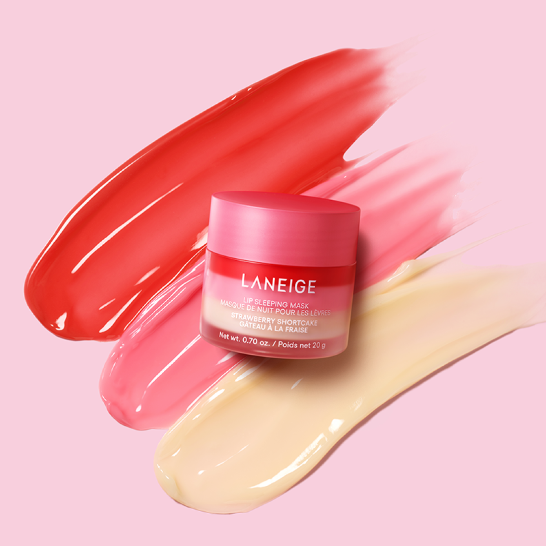 LANEIGE Lip Sleeping Mask EX Strawberry Shortcake 20g displayed with vibrant color swatches on a pink background.