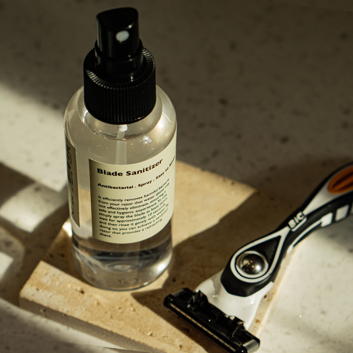 LAZY SOCIETY Razor Blade Sanitizer 120ml spray bottle beside razor, Gentleman Korea export Korean skincare for men