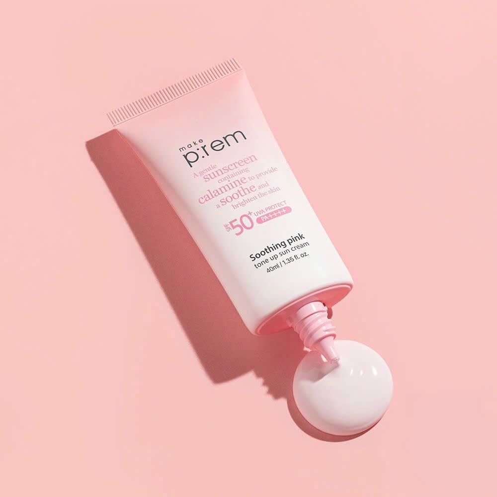 MAKE P:REM Soothing Pink Tone-Up Sunscreen SPF 50+ PA++++ 50ml on pink background