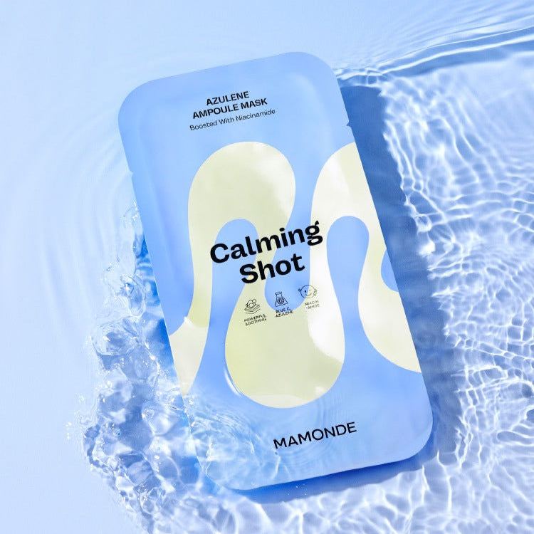 MAMONDE Calming Shot Azulene Ampoule Mask Pack on water background