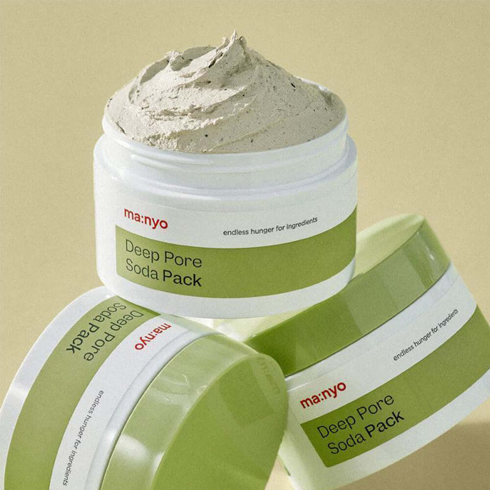 MANYO Deep Pore Soda Pack 110ml jar with textured open lid, showcasing skincare product designed to cleanse and refresh the skin.