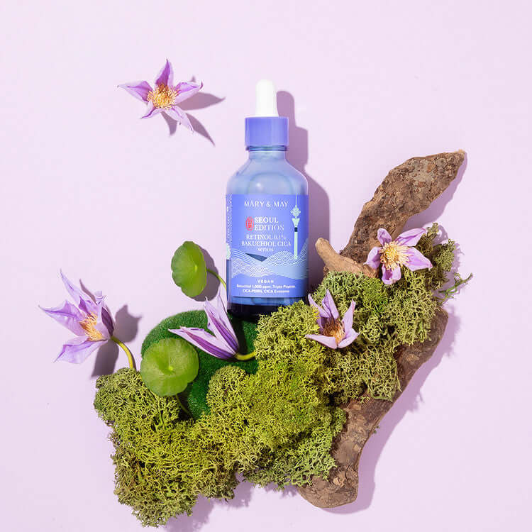MARY & MAY Retinol 0.1% Bakuchiol Cica Serum 80ml with natural elements and flowers