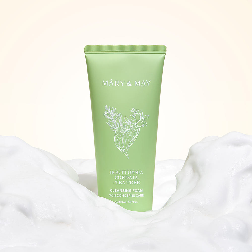 MARY&MAY Tea Tree Pore Cleansing Foam 150ml with foamy texture in background