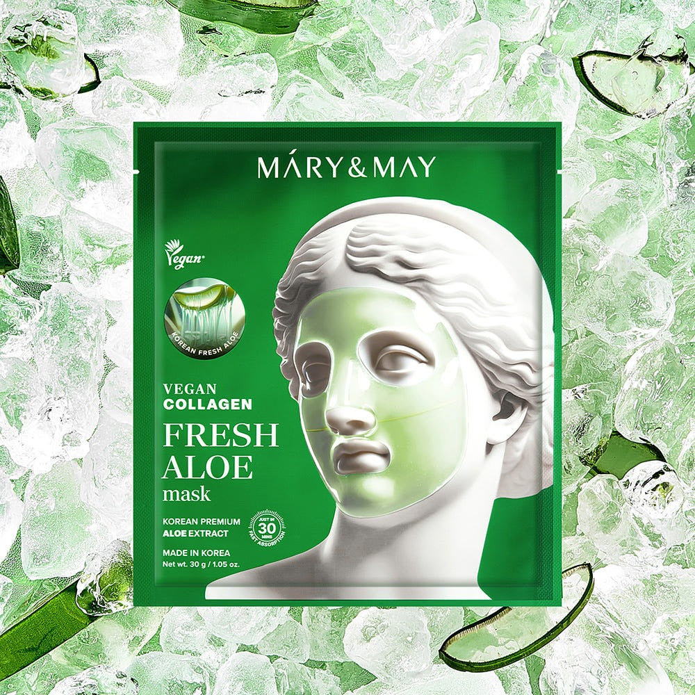 Packaging for MARY&MAY Vegan Collagen Fresh Aloe Gel Mask (4 sheets) with artistic design on a background of aloe and ice.