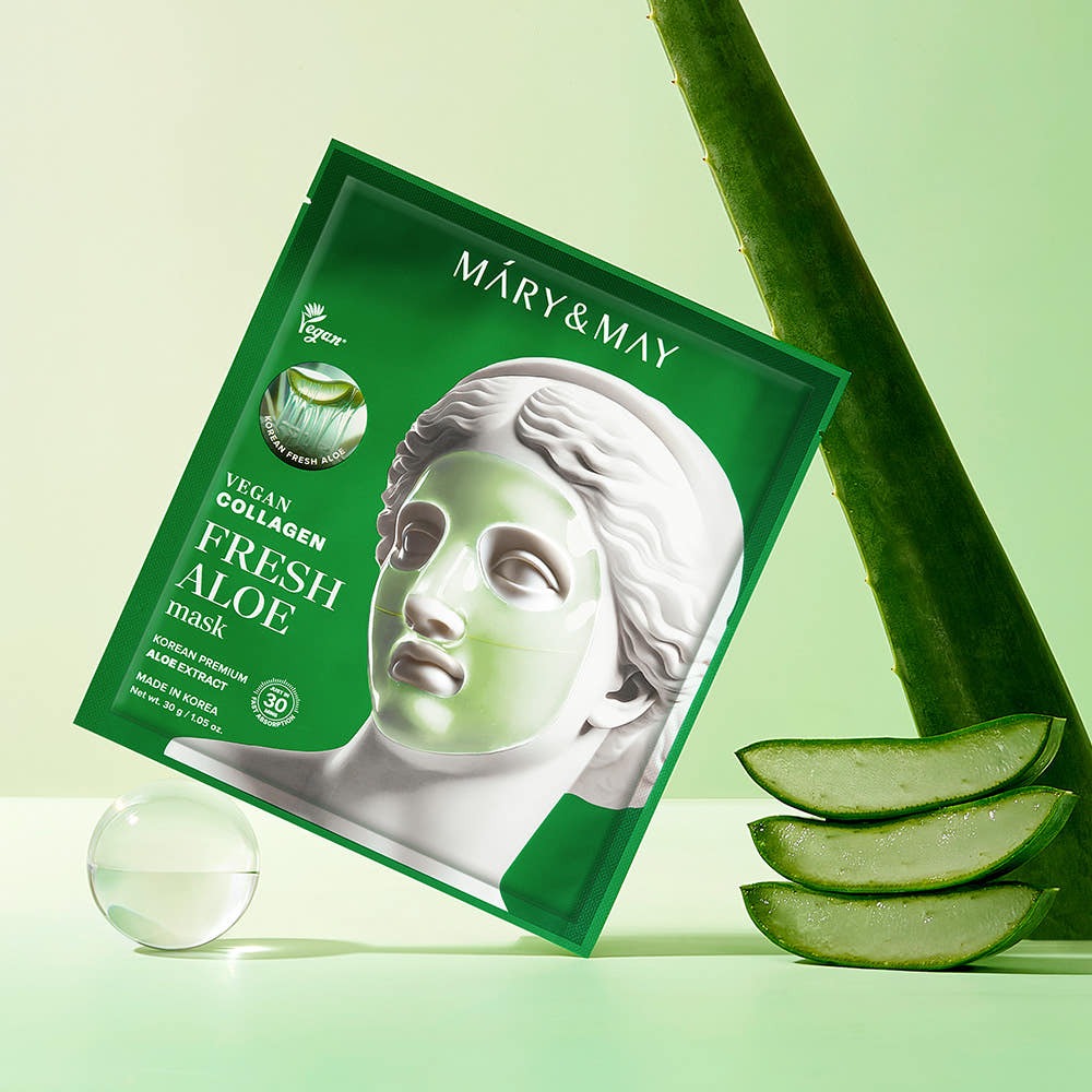 MARY&MAY Vegan Collagen Fresh Aloe Gel Mask (4 sheets) package with aloe and green background
