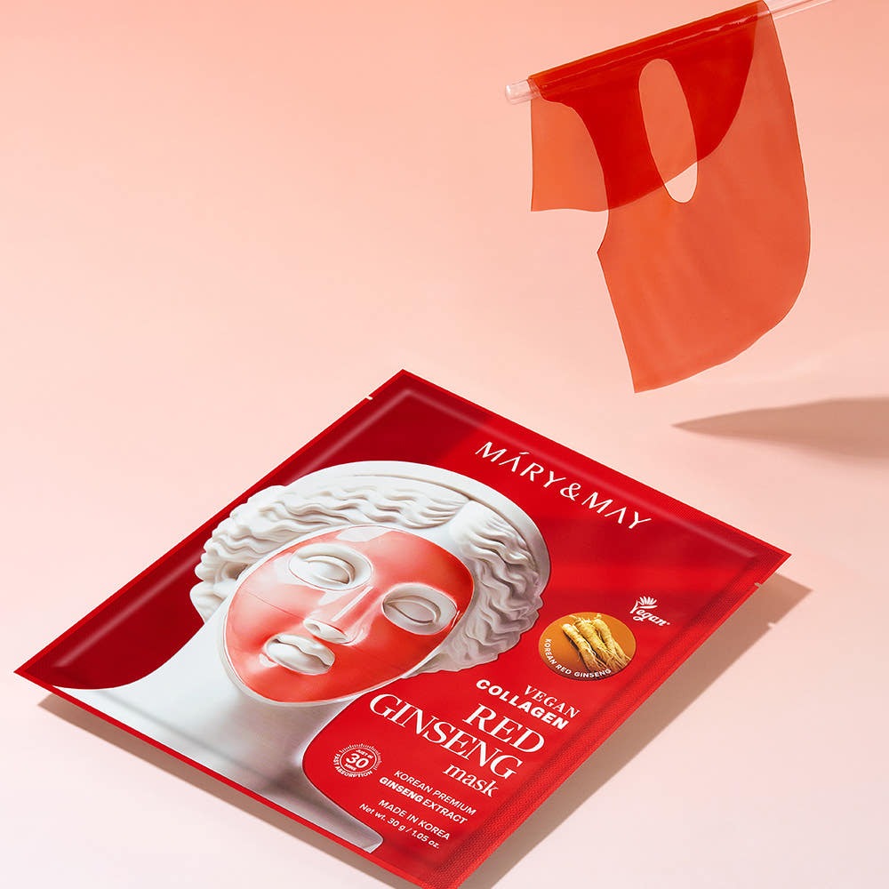 MARY&MAY Vegan Collagen Red Ginseng Gel Mask (4 sheets) with packaging and sheet mask displayed on pink background.