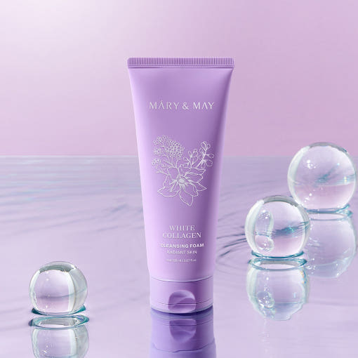 MARY&MAY White Collagen Cleansing Foam 150ml with elegant design on a purple background