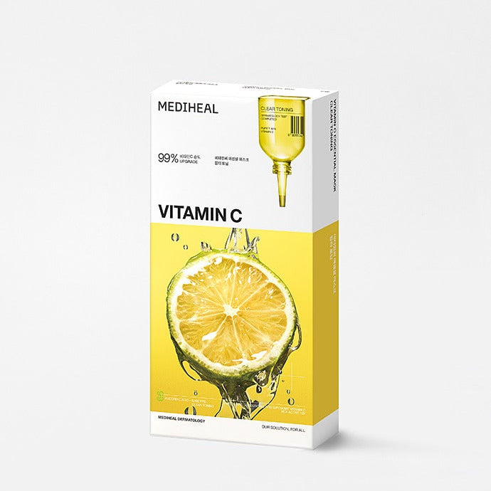 Packaging of MEDIHEAL 7 Best Essential Masks featuring vitamin C mask with citrus imagery.