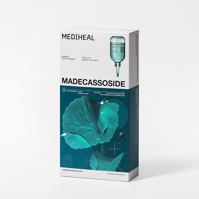 Box of MEDIHEAL Madecassoside face masks, part of MEDIHEAL 7 Best Essential Masks collection.