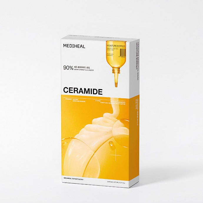 Box of MEDIHEAL 7 Best Essential Masks, showcasing ceramide content for hydration and nourishment.