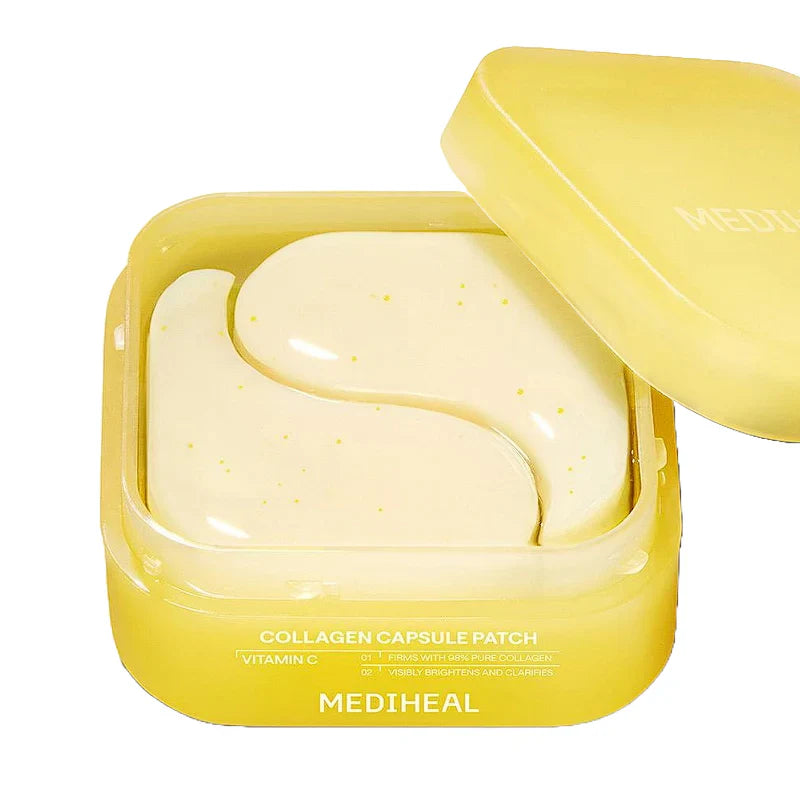 MEDIHEAL Collagen Capsule Patch 60 sheets in yellow container, skincare product.