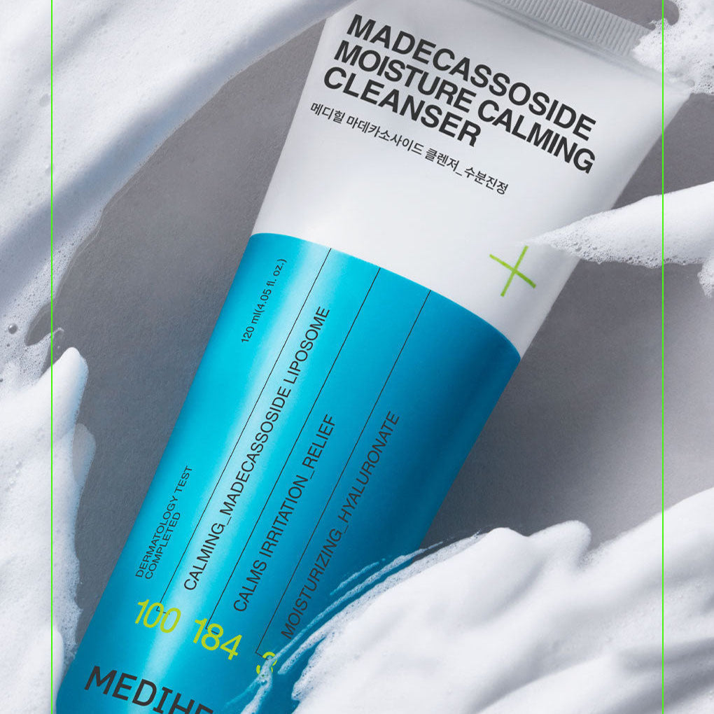 MEDIHEAL Madecassoside Cleanser 120ml tube with calming and moisturizing features displayed with foam.
